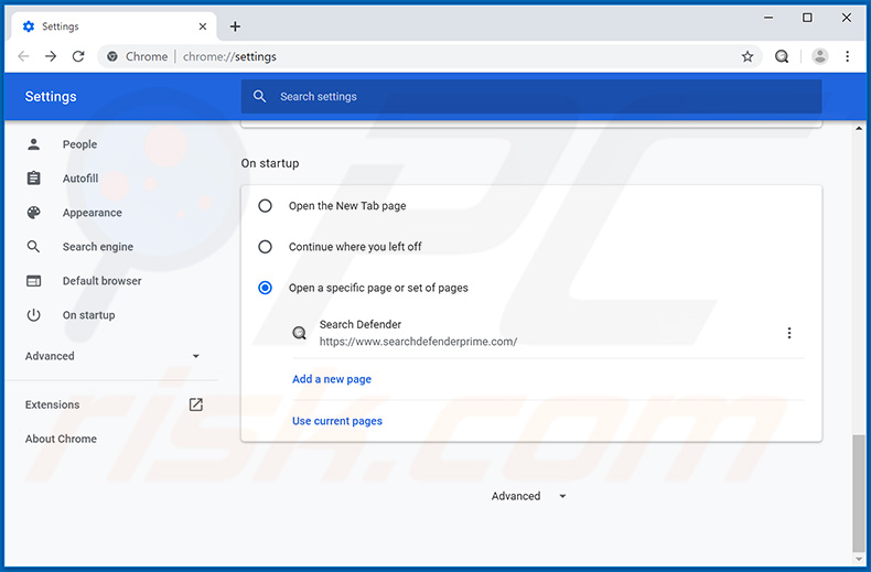 Eliminando searchdefenderprime.com de la página de inicio de Google Chrome