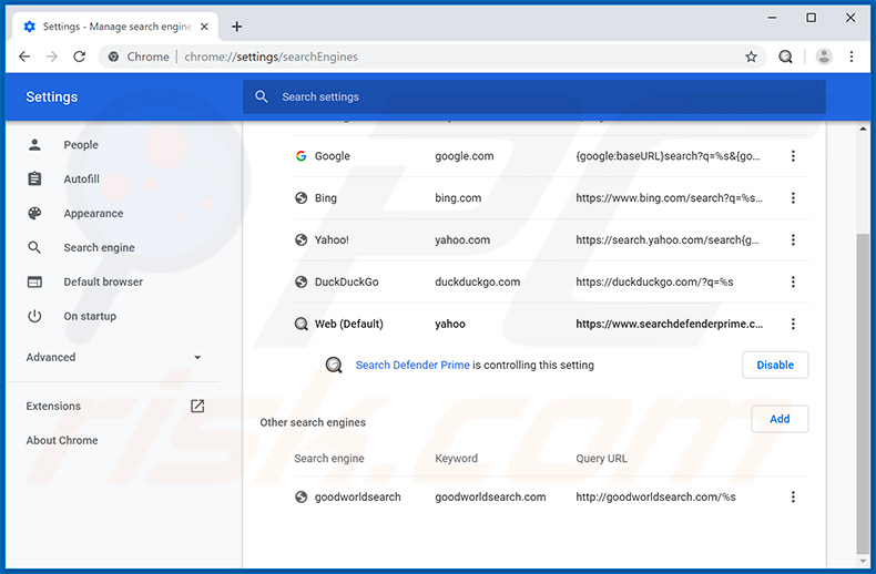 Eliminando searchdefenderprime.com del motor de búsqueda predeterminado de Google Chrome