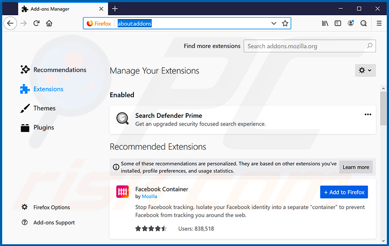 Eliminando las extensiones relacionadas a searchdefenderprime.com en Mozilla Firefox