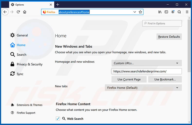 Eliminando searchdefenderprime.com de la página de inicio de Mozilla Firefox