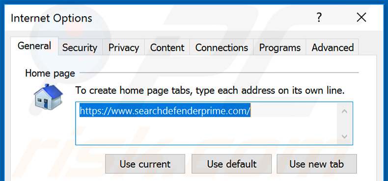 Eliminando searchdefenderprime.com de la página de inicio de Internet Explorer