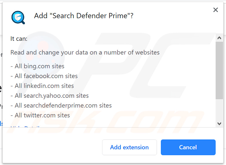 Search Defender Prime Oficial solicitando permisos para Google Chrome