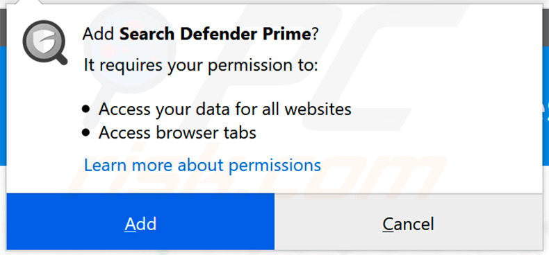 Search Defender Prime Oficial solicitando permisos para Mozilla Firefox