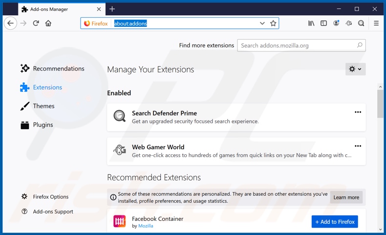 Eliminando las extensiones relacionadss a webgamerworld.com de Mozilla Firefox