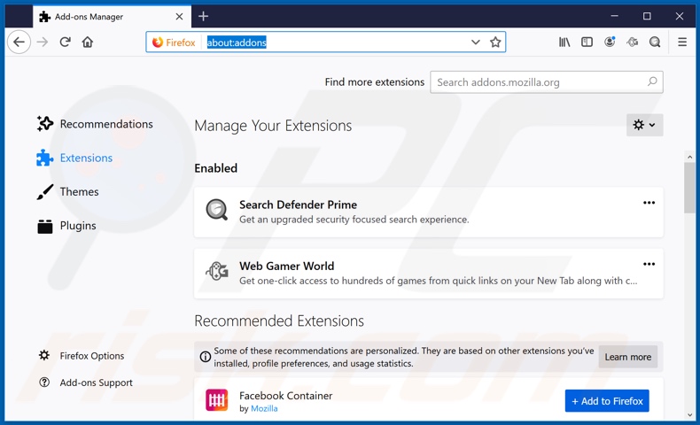 Eliminando las extensiones relacionadss a webgamerworld.com de Mozilla Firefox