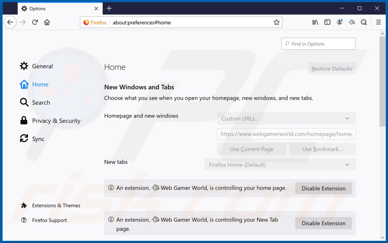 Eliminando webgamerworld.com de la página de inicio de Mozilla Firefox