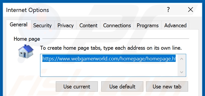 Eliminando webgamerworld.com de la página de inicio de Internet Explorer