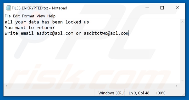 Archivo de texto de ransomware asd (FILES ENCRYPTED.txt)