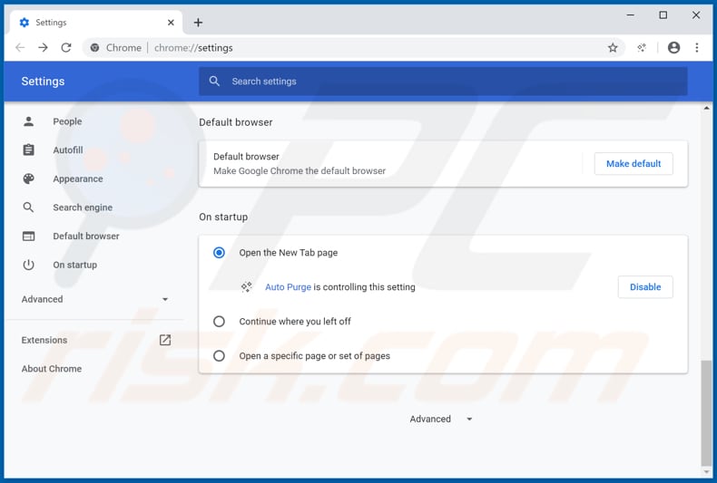Eliminando autopurge.org de la página de inicio de Google Chrome
