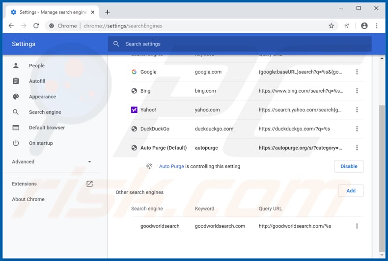 Eliminando autopurge.org del motor de búsqueda predeterminado de Google Chrome