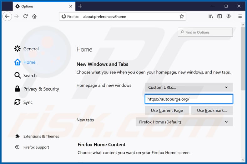 Eliminando autopurge.org de la página de inicio de Mozilla Firefox