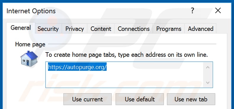 Eliminando autopurge.org de la página de inicio de Internet Explorer