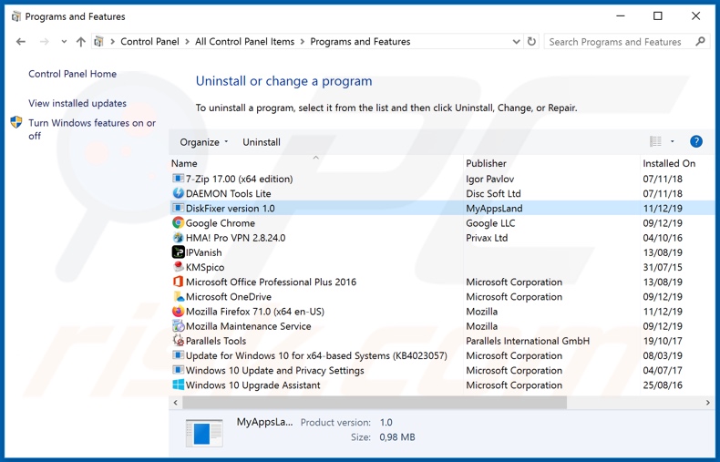 Desinstalar el adware DiskFixer a través del Panel de Control