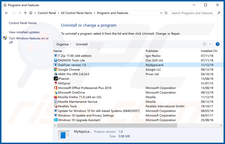 Desinstalar el adware DiskFixer a través del Panel de Control
