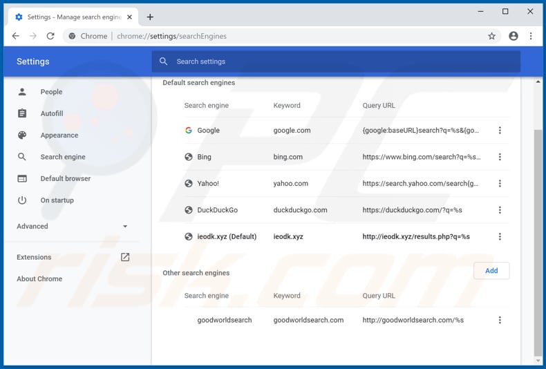 Eliminando ieodk.xyz del motor de búsqueda predeterminado de Google Chrome