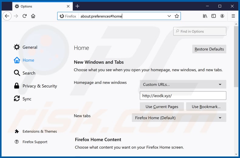 Eliminando ieodk.xyz de la página de inicio de Mozilla Firefox