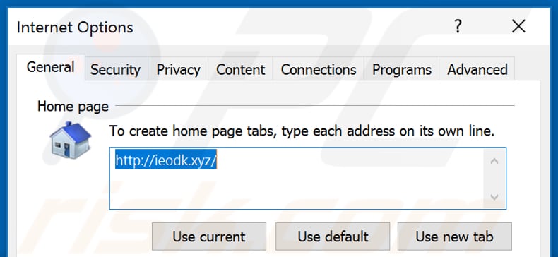 Eliminando ieodk.xyz de la página de inicio de Internet Explorer