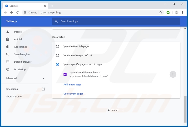 Eliminando search.landslidesearch.com de la página de inicio de Google Chrome