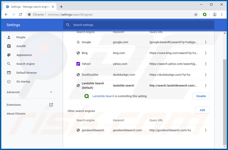 Eliminando search.landslidesearch.com del motor de búsqueda predeterminado de Google Chrome