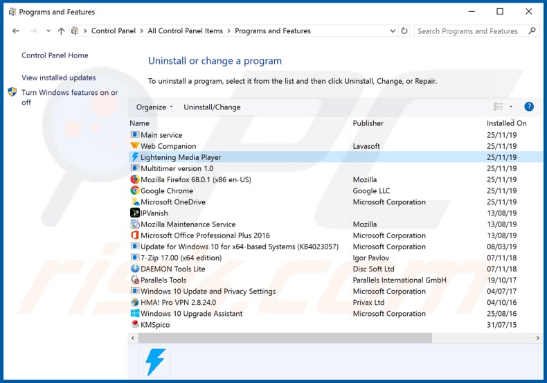 Desinstalar el adware Lightening Media Player a través del Panel de Control