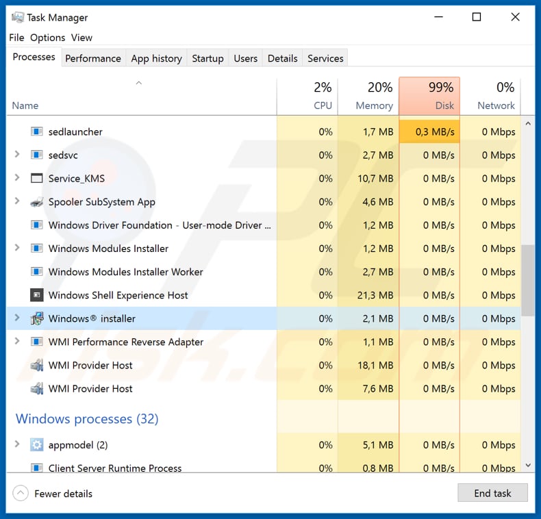 Proceso malicioso Mispadu de nombre Windows installer 