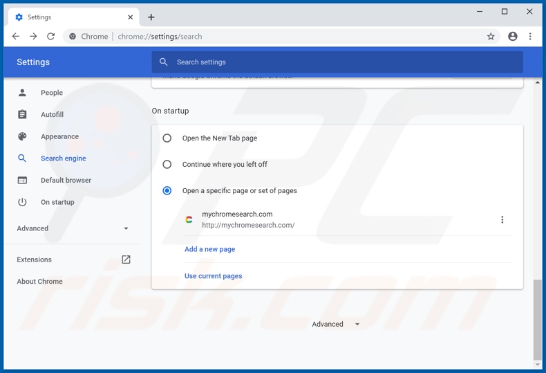 Eliminando mychromesearch.com de la página de inicio de Google Chrome