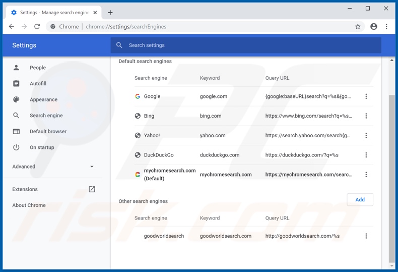 Eliminando mychromesearch.com del motor de búsqueda predeterminado de Google Chrome