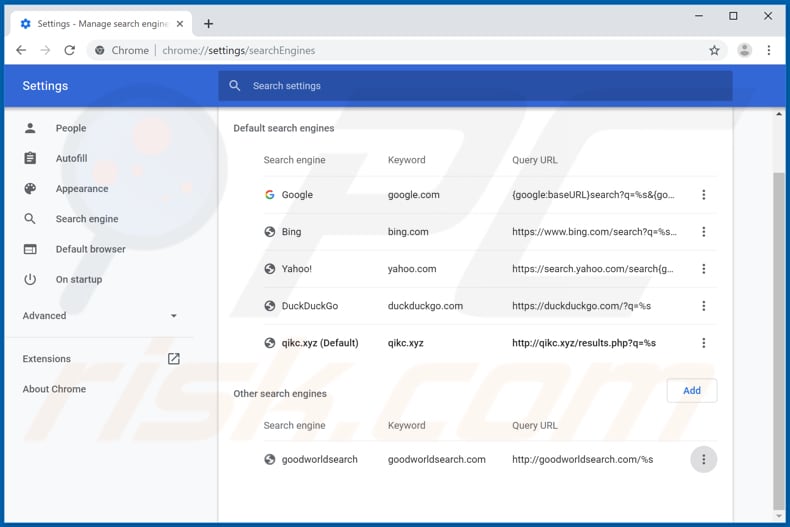 Eliminando qikc.xyz del motor de búsqueda predeterminado de Google Chrome