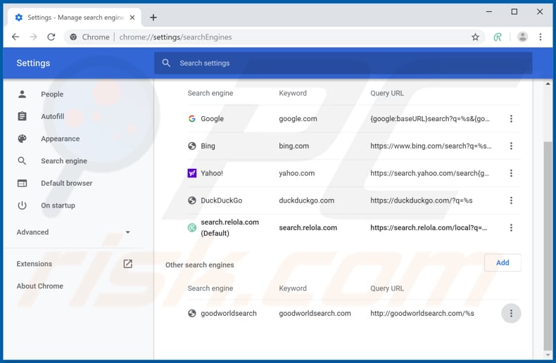 Eliminando search.relola.com del motor de búsqueda predeterminado de Google Chrome