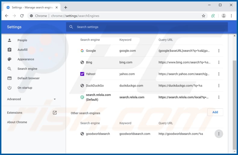 Eliminando search.relola.com del motor de búsqueda predeterminado de Google Chrome