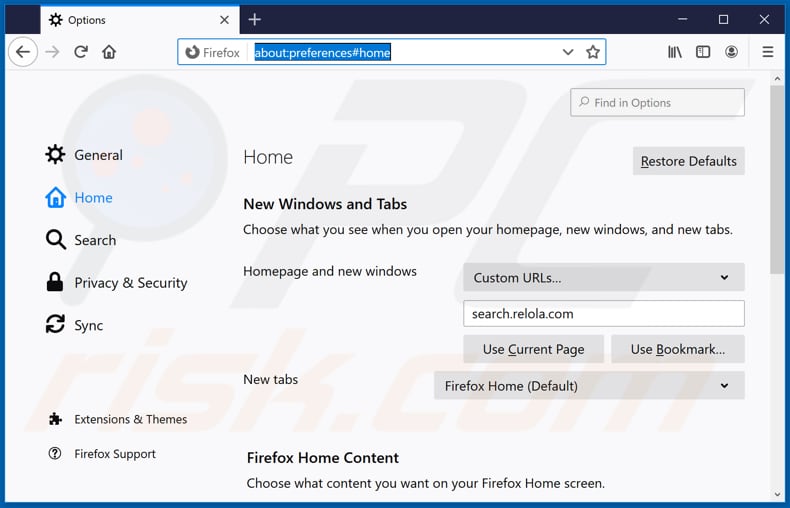 Eliminando search.relola.com de la página de inicio de Mozilla Firefox