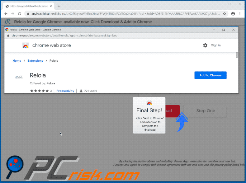 Sitio web promocionando al secuestrador de navegadores Relola (GIF)