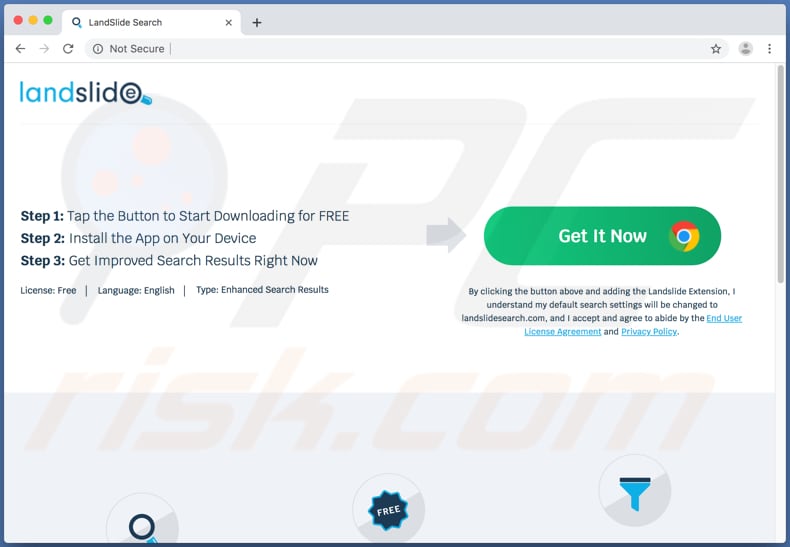 Sitio web que promociona la aplicación no deseada Landslide Search