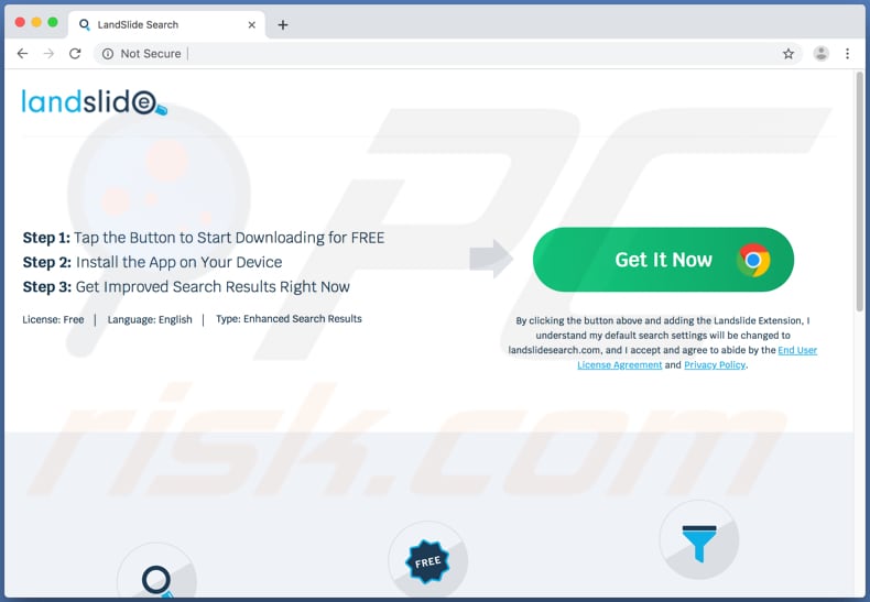 Sitio web que promociona la aplicación no deseada Landslide Search