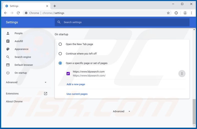 Eliminando blpsearch.com de la página de inicio de Google Chrome