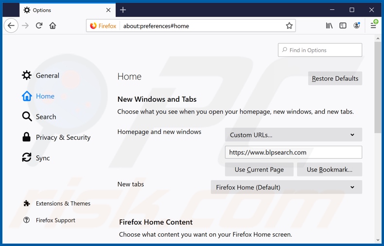 Eliminando blpsearch.com de la página de inicio de Mozilla Firefox