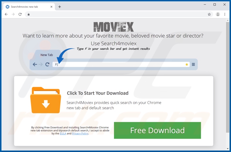 Sitio web utilizado para promover el secuestrador de navegador Search4Moviex