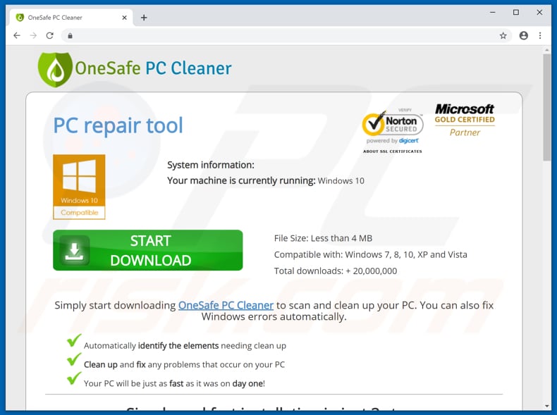 Sitio web que promociona la aplicación no deseada OneSafe PC Cleaner
