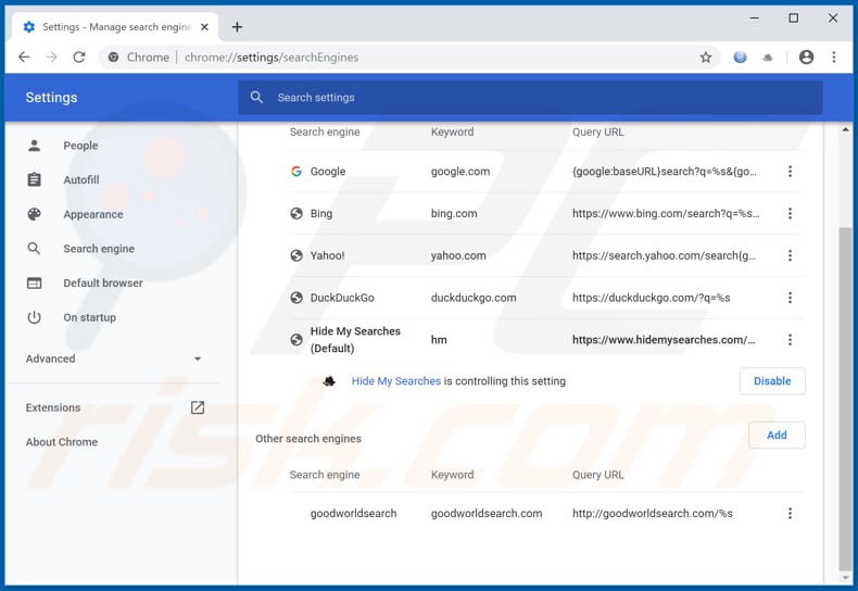 Eliminando hp.hmyloginhub.co del motor de búsqueda predeterminado de Google Chrome