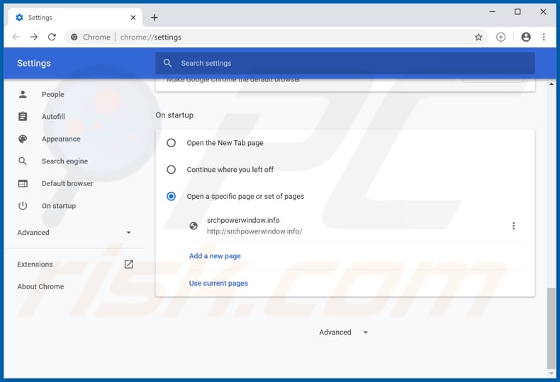 Eliminando srchpowerwindow.info de la página de inicio de Google Chrome
