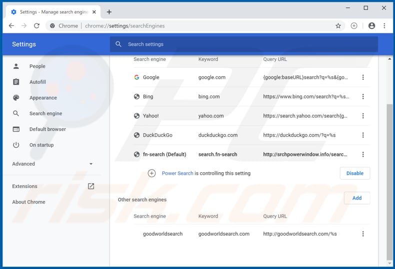 Eliminando srchpowerwindow.info del motor de búsqueda predeterminado de Google Chrome