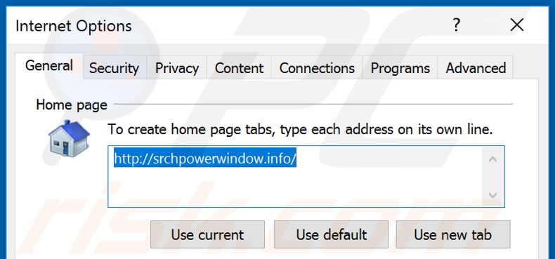 Eliminando srchpowerwindow.info de la página de inicio de Internet Explorer