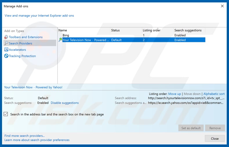 Eliminando srchpowerwindow.info del motor de búsqueda predeterminado de Internet Explorer