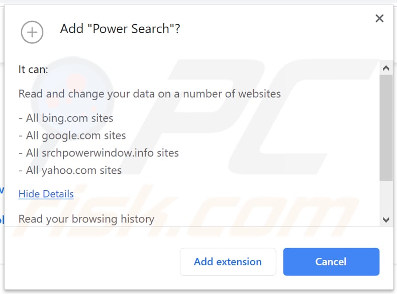 Secuestrador de navegador Power Search solicitando permiso para acceder y cambiar varios datos