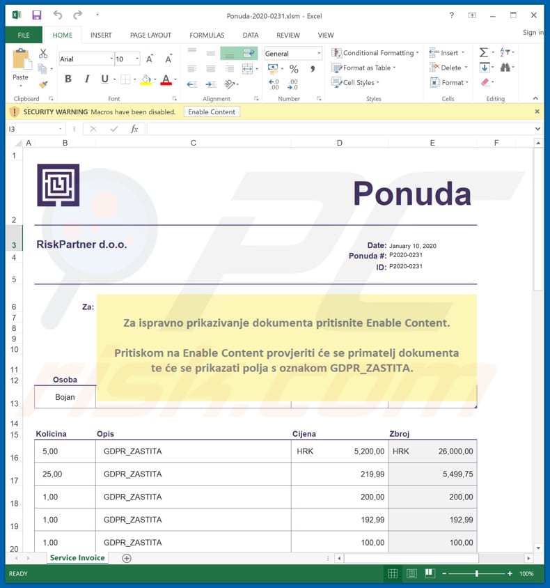 Microsoft Excel diseñado para instalar afrodita si se permite habilitar comandos de macros