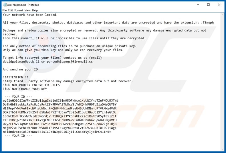 Nota de rescate del ransomware Ako segunda variante