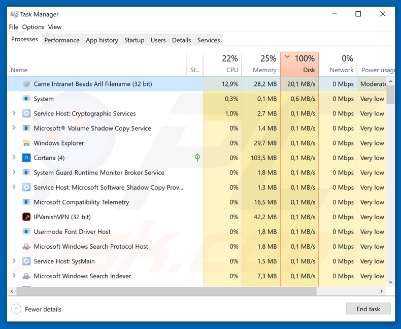 Proceso del ransomware Back en el administrador de tareas (