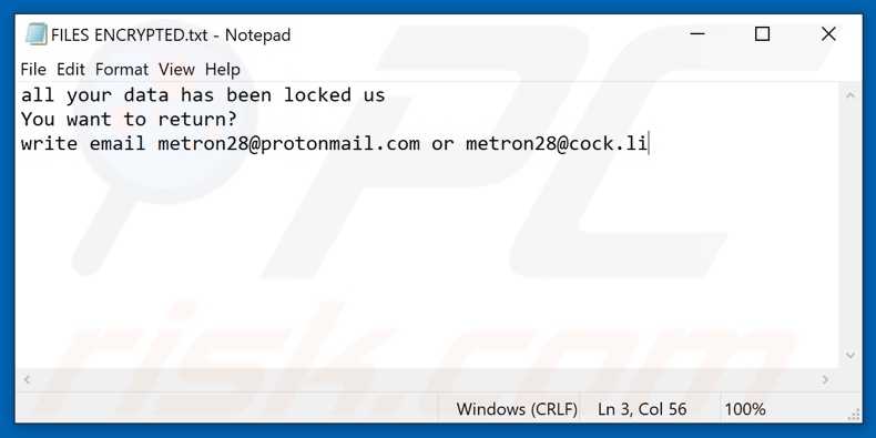 Archivo de texto del ransomware Back (FILES ENCRYPTED.txt)