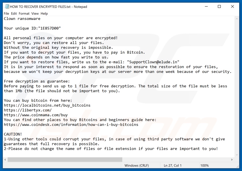 Archivo de texto del ransomware Clown (HOW TO RECOVER ENCRYPTED FILES.txt)