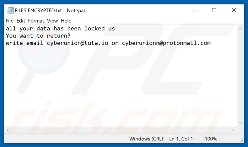 Archivo de texto del ransomware CU (FILES ENCRYPTED.txt)
